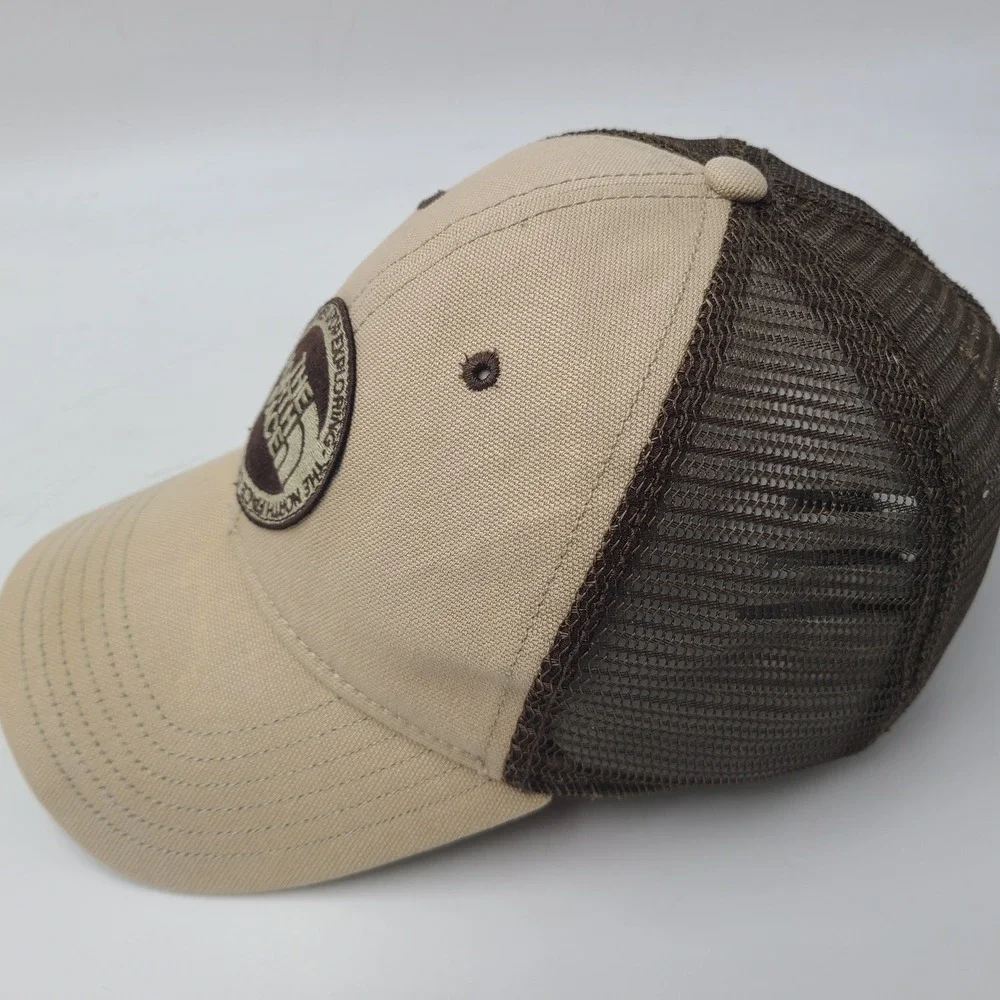 The North Face Hat Snapback Trucker Mesh Beige Brown Logo Patch Hike Outdoor Men